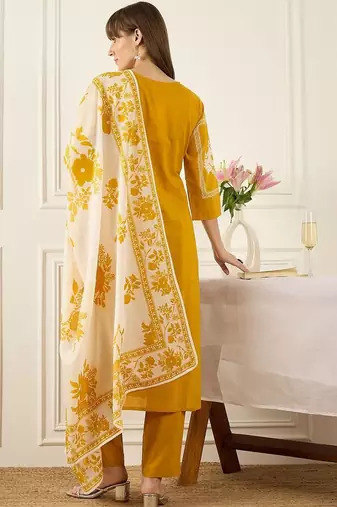 Women Floral Printed Regular Mirror Work Pure Cotton Kurta with Trousers & With Dupatta