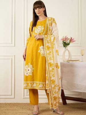 Women Floral Printed Regular Mirror Work Pure Cotton Kurta with Trousers & With Dupatta 6