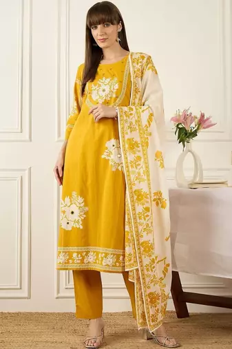 Women Floral Printed Regular Mirror Work Pure Cotton Kurta with Trousers & With Dupatta