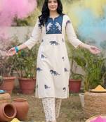 Women Animal Printed Empire Pure Cotton Kurta with Trousers