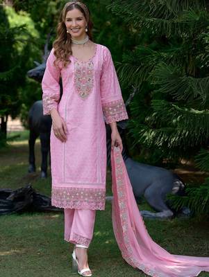Women Ethnic Motifs Embroidered Regular Mirror Work Pure Cotton Kurta with Trousers & With Dupatta 5