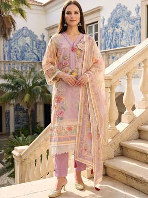 Women Floral Printed Regular Thread Work Linen Kurta with Trousers & With Dupatta 1