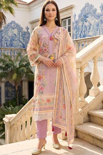 Women Floral Printed Regular Thread Work Linen Kurta with Trousers & With Dupatta