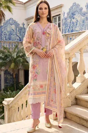 Women Floral Printed Regular Thread Work Linen Kurta with Trousers & With Dupatta