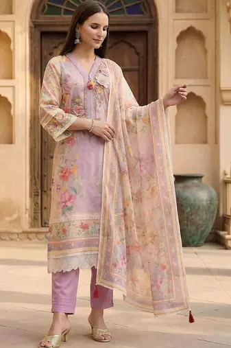 Women Floral Printed Regular Thread Work Linen Kurta with Trousers & With Dupatta