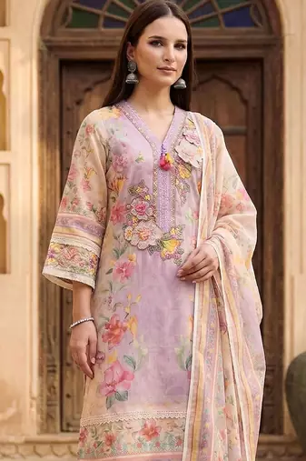Women Floral Printed Regular Thread Work Linen Kurta with Trousers & With Dupatta