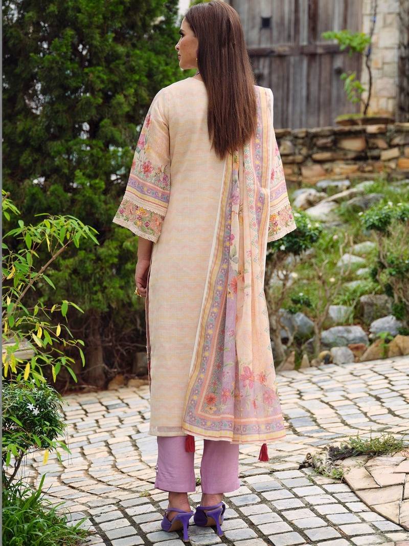 Women Floral Printed Regular Thread Work Linen Kurta with Trousers & With Dupatta
