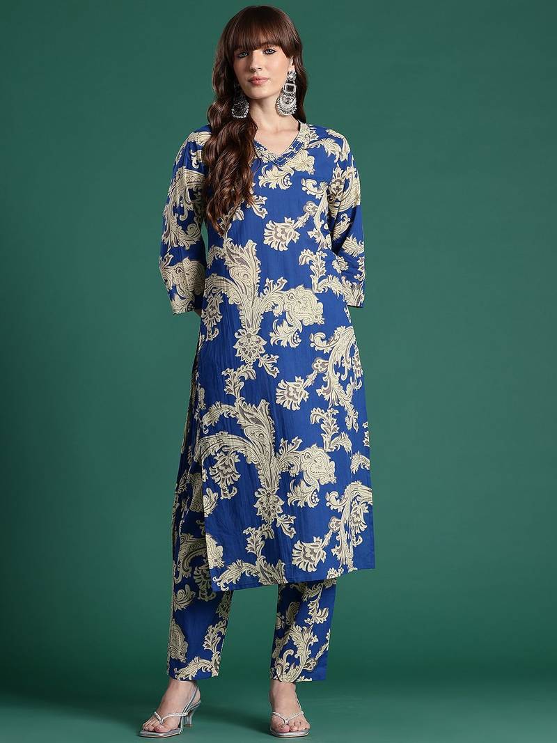 Floral Printed Pure Cotton Kurta with Trousers