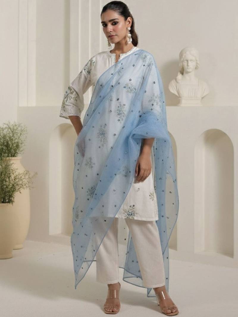 Women Floral Embroidered Regular Thread Work Pure Cotton Kurta with Trousers & With Dupatta
