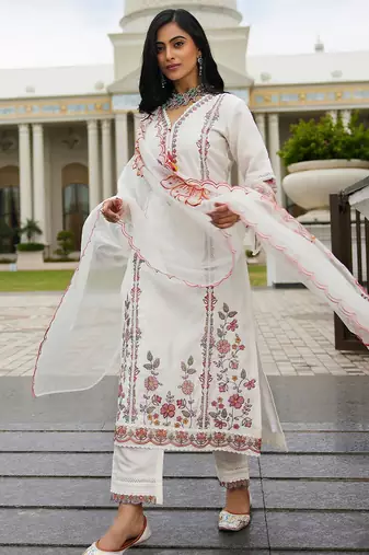 Women Ethnic Motifs Embroidered Regular Thread Work Kurta with Trousers & With Dupatta