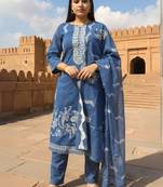 Ethnic Motifs Embroidered Thread Work Pure Cotton Kurta With Trousers & Dupatta