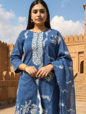 Ethnic Motifs Embroidered Thread Work Pure Cotton Kurta With Trousers & Dupatta 2