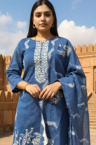 Ethnic Motifs Embroidered Thread Work Pure Cotton Kurta With Trousers & Dupatta