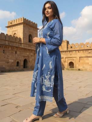 Ethnic Motifs Embroidered Thread Work Pure Cotton Kurta With Trousers & Dupatta 3