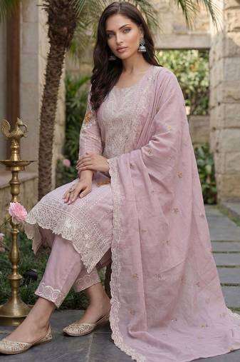 Women Floral Embroidered Regular Sequinned  Cotton Kurta with Trousers & With Dupatta
