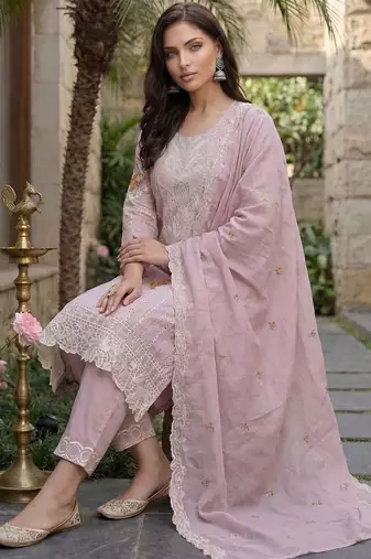 Women Floral Embroidered Regular Sequinned  Cotton Kurta with Trousers & With Dupatta