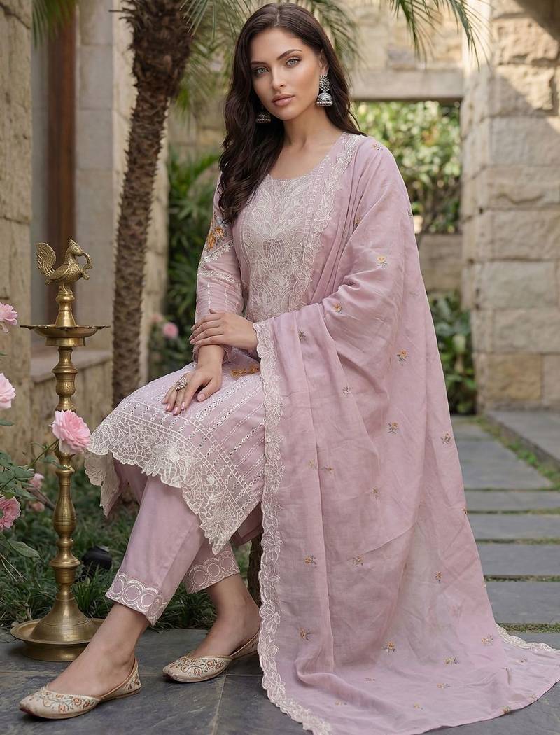 Women Floral Embroidered Regular Sequinned Pure Cotton Kurta with Trousers & With Dupatta