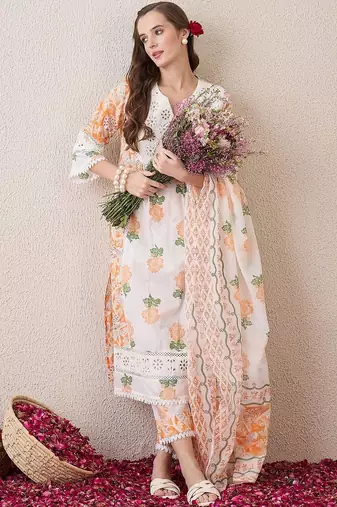 Women Floral Printed Empire Pure Cotton Kurta with Trousers & With Dupatta