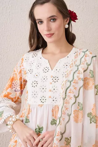 Women Floral Printed Empire Pure Cotton Kurta with Trousers & With Dupatta