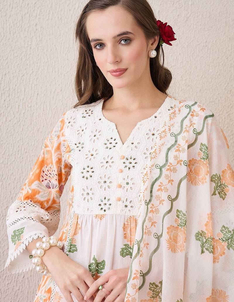 Women Floral Printed Empire Pure Cotton Kurta with Trousers & With Dupatta