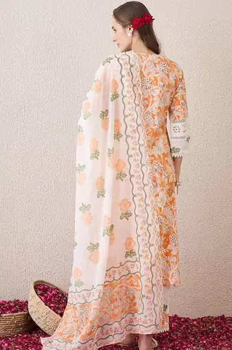 Women Floral Printed Empire Pure Cotton Kurta with Trousers & With Dupatta
