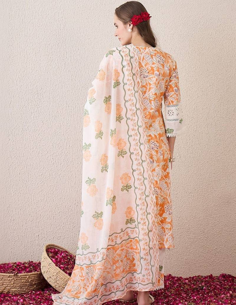 Women Floral Printed Empire Pure Cotton Kurta with Trousers & With Dupatta