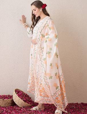 Women Floral Printed Empire Pure Cotton Kurta with Trousers & With Dupatta 5