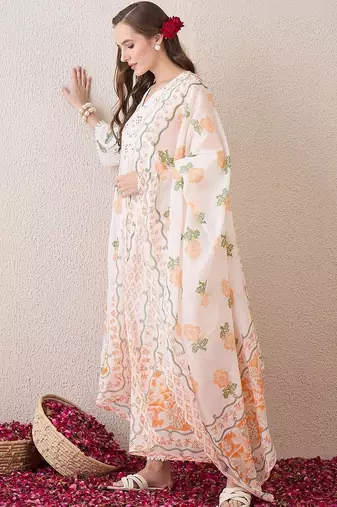 Women Floral Printed Empire Pure Cotton Kurta with Trousers & With Dupatta