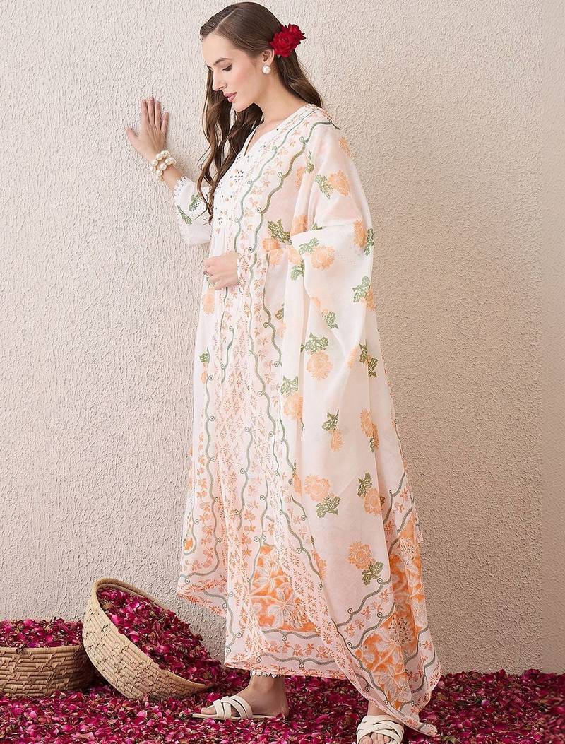Women Floral Printed Empire Pure Cotton Kurta with Trousers & With Dupatta