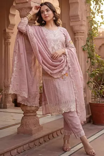 Women Floral Embroidered Regular Sequinned  Cotton Kurta with Trousers & With Dupatta