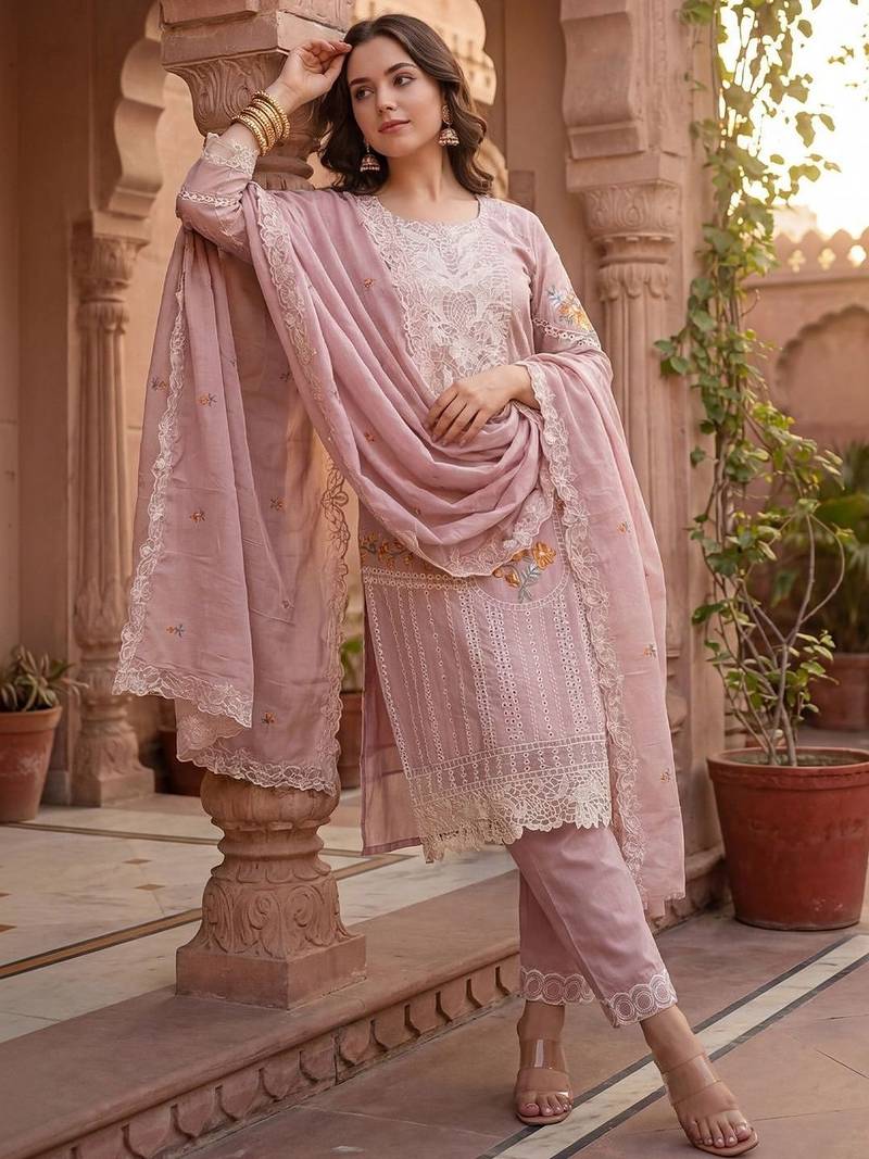 Women Floral Embroidered Regular Sequinned Pure Cotton Kurta with Trousers & With Dupatta