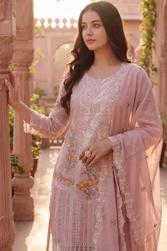 Women Floral Embroidered Regular Sequinned  Cotton Kurta with Trousers & With Dupatta