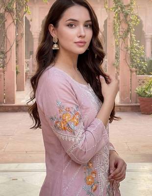 Women Floral Embroidered Regular Sequinned Pure Cotton Kurta with Trousers & With Dupatta 3
