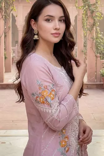 Women Floral Embroidered Regular Sequinned  Cotton Kurta with Trousers & With Dupatta