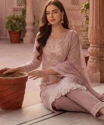 Women Floral Embroidered Regular Sequinned Pure Cotton Kurta with Trousers & With Dupatta 5