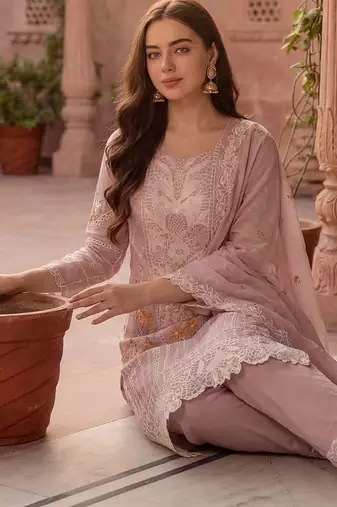 Women Floral Embroidered Regular Sequinned  Cotton Kurta with Trousers & With Dupatta