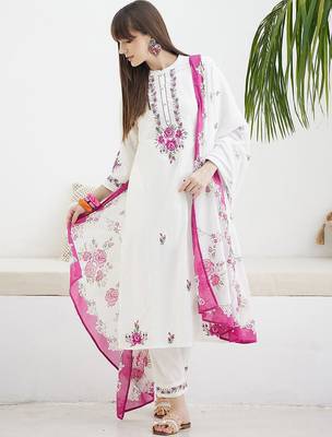 Women Floral Embroidered Regular Thread Work Pure Cotton Kurta with Trousers & With Dupatta 1