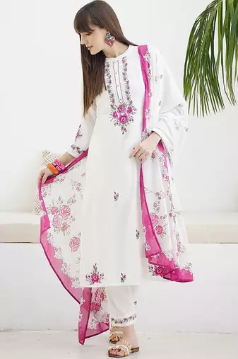 Women Floral Embroidered Regular Thread Work Pure Cotton Kurta with Trousers & With Dupatta