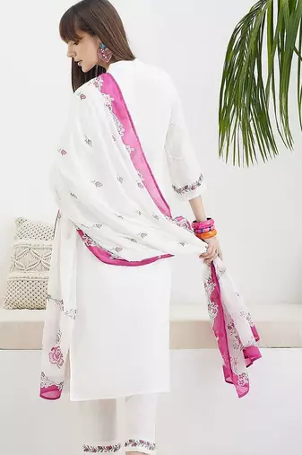 Women Floral Embroidered Regular Thread Work Pure Cotton Kurta with Trousers & With Dupatta