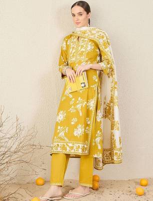 Floral Printed Straight Pure Cotton Kurta With Trousers & Dupatta 1