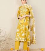 Floral Printed Straight Pure Cotton Kurta With Trousers & Dupatta
