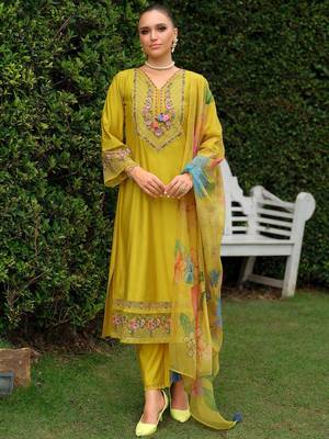 Floral Embroidered V-neck Thread Work Kurta With Trousers & Dupatta 2