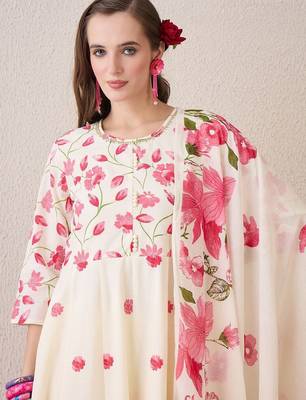 Floral Printed Beads & Stones Pure Cotton A-Line Kurta With Trousers & Dupatta 1