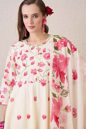 Floral Printed Beads & Stones Pure Cotton A-Line Kurta With Trousers & Dupatta