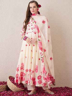 Floral Printed Beads & Stones Pure Cotton A-Line Kurta With Trousers & Dupatta 2
