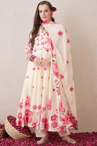 Floral Printed Beads & Stones Pure Cotton A-Line Kurta With Trousers & Dupatta