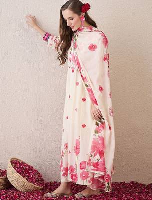 Floral Printed Beads & Stones Pure Cotton A-Line Kurta With Trousers & Dupatta 4