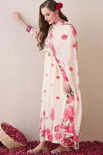 Floral Printed Beads & Stones Pure Cotton A-Line Kurta With Trousers & Dupatta