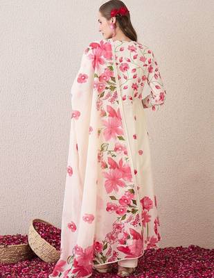 Floral Printed Beads & Stones Pure Cotton A-Line Kurta With Trousers & Dupatta 5