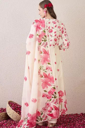 Floral Printed Beads & Stones Pure Cotton A-Line Kurta With Trousers & Dupatta